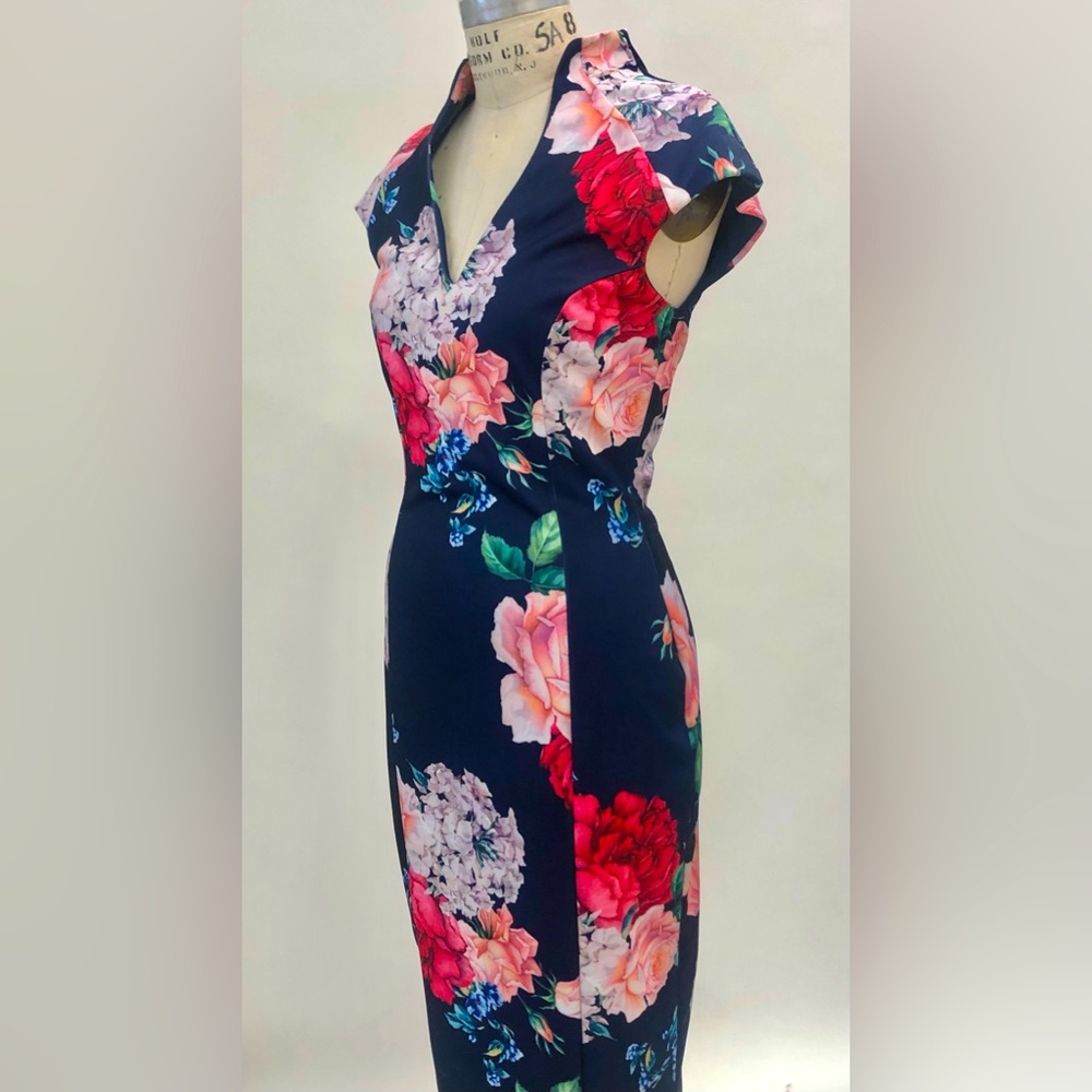 Neiman Marcus Floral V-Neck Midi Wiggle Pencil Coctail dress S - Picture 2 of 6